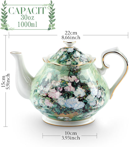 Teapot 30 oz Van Gogh Paintings Bone China Loose Tea Pot Floral Design Vintage Ceramic Coffee Water Pot European Style Porcelain (White Rose)