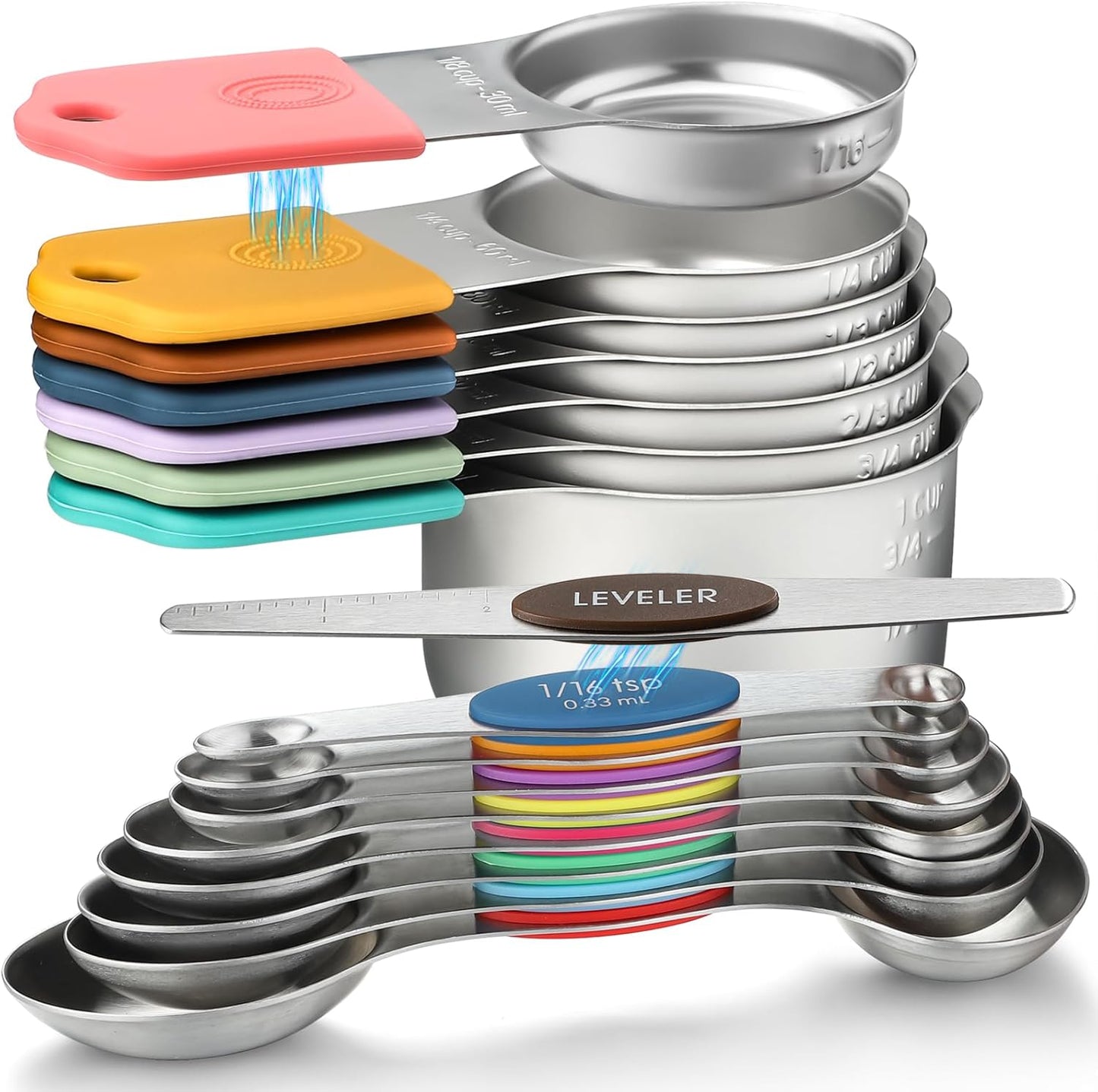 Magnetic Measuring Cups and Spoons Set of 16 Including 7 Stainless Steel Stackable Magnetic Measuring Cup 8 Magnetic Measuring Spoon with Leveler for Measuring Dry Liquid Ingredient