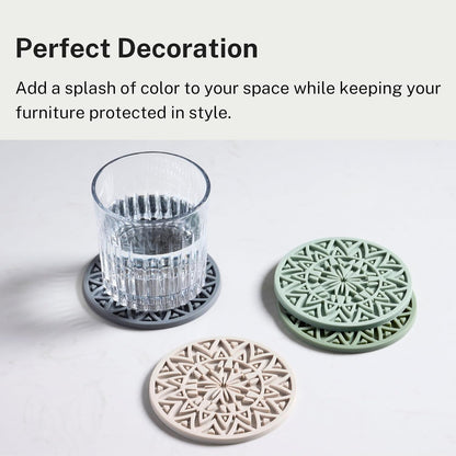 Set of 6 Olive Green Silicone Coasters with Holder, Drink Coasters with Tribal Pattern Shape- for Table Protection, Anti Slip, Nonstick, Heat Resistant, Deep Tray