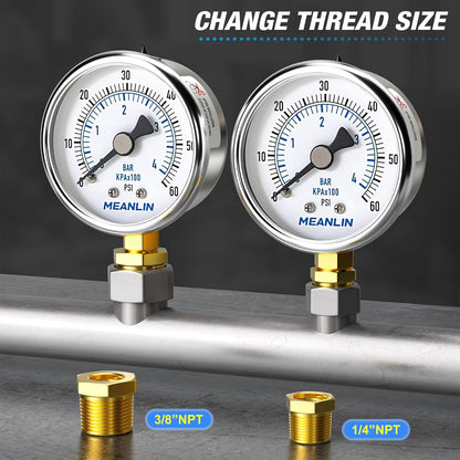 MEANLIN MEASURE 0~60Psi Dry Pressure Gauge Stainless Steel 1/8" NPT 2" FACE DIAL Waterproof for Pool Filter Pump Oil Air Compressor Tire Pressure Tester Lower Mount with 1/4" NPT and 3/8" NPT Hex Bush