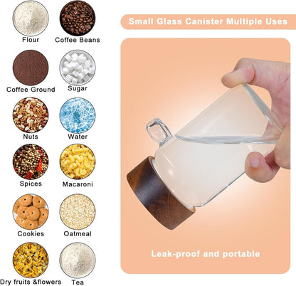 Glass Coffee Jars Spice Jar Round Storage Canister with Wooden Lid Clear Glass Food Jar for Pantry Sugar Tea Coffee Bean Spice Nuts Cookies Bath Salts (2×250ml(8.4oz) with scoop)