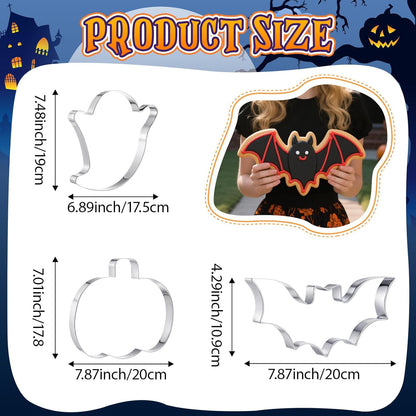 3 Pcs Large Halloween Cookie Cutters Set 7.5 Inch Extra Large Pumpkin Bat Ghost Shapes Stainless Steel Metal Giant Cookie Cutters Molds for Halloween Day Baking Party Kitchen Accessories