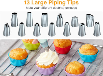 Kootek 54 in 1 Piping Bags and Tips Set with 13 Large Size Piping Tips, 35 Standard Size Icing Tips, 2 Reusable Pastry Bags 12 Inch, Cake Decorating Kit Supplies, Frosting Piping Kit for Cake, Cupcake