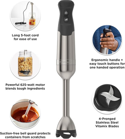 Vitamix 5-Speed Immersion Blender 3-Piece Bundle, 625-Watt Motor, One-Handed Operation, 5 ft cord, includes Whisk Attachment & Storage Case, Stainless Steel/Black