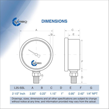 Stainless Steel Pressure Gauge Dual Display (0-60 psi/kPa) - 2 1-2" Glycerine Liquid Filled Water Air Oil Gas Gauge with Polycarbonate Lens & Brass Connection - 1/4" NPT Lower Mount