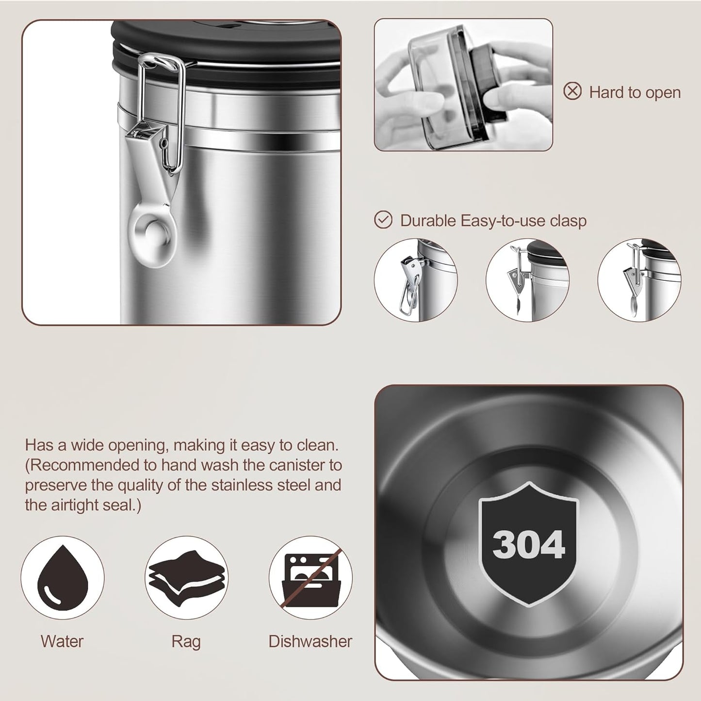 ShanSon Coffee Canister Airtight Coffee Container Stainless Steel Coffee Bean Storage Container with Scoop Coffee Canister for Beans Grounds Sugar Flour Tea Cereal,16OZ,Silver