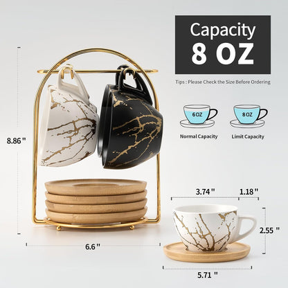 LUKA Ceramic Demitasse Espresso Cups Set with Saucers and Metal Stand, 8 oz Porcelain Stackable Cappuccino Cups Teacup For Tea, Espresso, Latte, Coffee, Cafe Mocha, Set of 4, White & Black