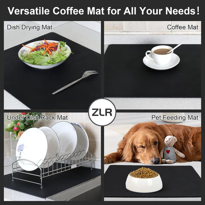 ZLR Coffee Mat - 16" x 20" Large Kitchen Hide Stain Absorbent Dish Drying Mat for Countertop - Easy to Clean Coffee Bar Mat for Espresso Machine and Spill Protection - Black