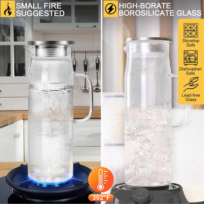 Yirilan Glass Pitcher, 1.5liter Glass Pitcher With Lid, Carafes and Pitchers, Iced Tea Pitcher, Water Carafe With Handle, Heat Resistant Borosilicate Glass Jug, Beverage Pitcher, Tea Jug With Brush