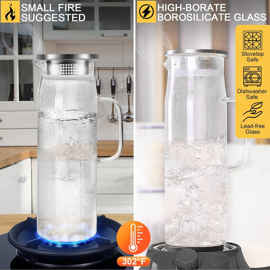 Yirilan Glass Pitcher, 1.5liter Glass Pitcher With Lid, Carafes and Pitchers, Iced Tea Pitcher, Water Carafe With Handle, Heat Resistant Borosilicate Glass Jug, Beverage Pitcher, Tea Jug With Brush