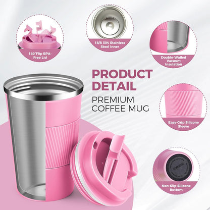 Volhoply 13 oz Stainless Steel Insulated Travel Coffee Mug with Fip Lid Bulk 8 Pack,Reusable Double Wall Vacuum Metal Coffee Cup,Portable Leak Proof Thermal Tumbler for Hot & Cold Drinks(Pink,8)