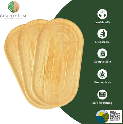 Charity Leaf 10-Pack 22"x12" Palm Leaf Trays | Eco-Friendly, Compostable Platters for Weddings, Charcuterie Boards & Events