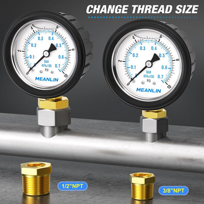 MEANLIN MEASURE 0~10Psi Stainless Steel 1/4" NPT 2.5" FACE DIAL Liquid Filled Pressure Gauge, Lower Mount (with Rubber Protective Sleeve), with 1/2" NPT and 3/8" NPT Hex Bushing