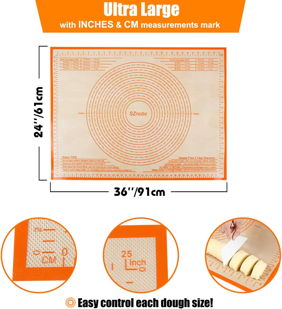 Silicone Pastry Mat 36'' By 24'' Extra Large Baking Mat with Measurements for Dough Rolling, Kneading Board, Kitchen Counter Mats, Perfect for Dough, Fondant, Pie Crust, Cookies, Bread, Pasta, Pizza