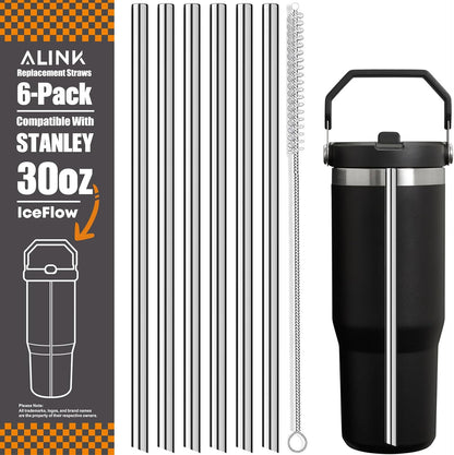 ALINK Stainless Steel Straws Compatible with Stanley Iceflow 30oz Flip Tumbler, 6 Pack Reusable Metal Straws for Stanley Ice Flow 30oz Cup Lid Only, Plus Straw Cleaner Brush