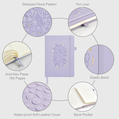 &And Per Se Dotted Journal Notebook for Women&Men with Pattern, A5 Leather Hardcover, 160 Pages 100GSM Thick Dotted Paper, 3 Sheets of Stickers Included(Lavender)