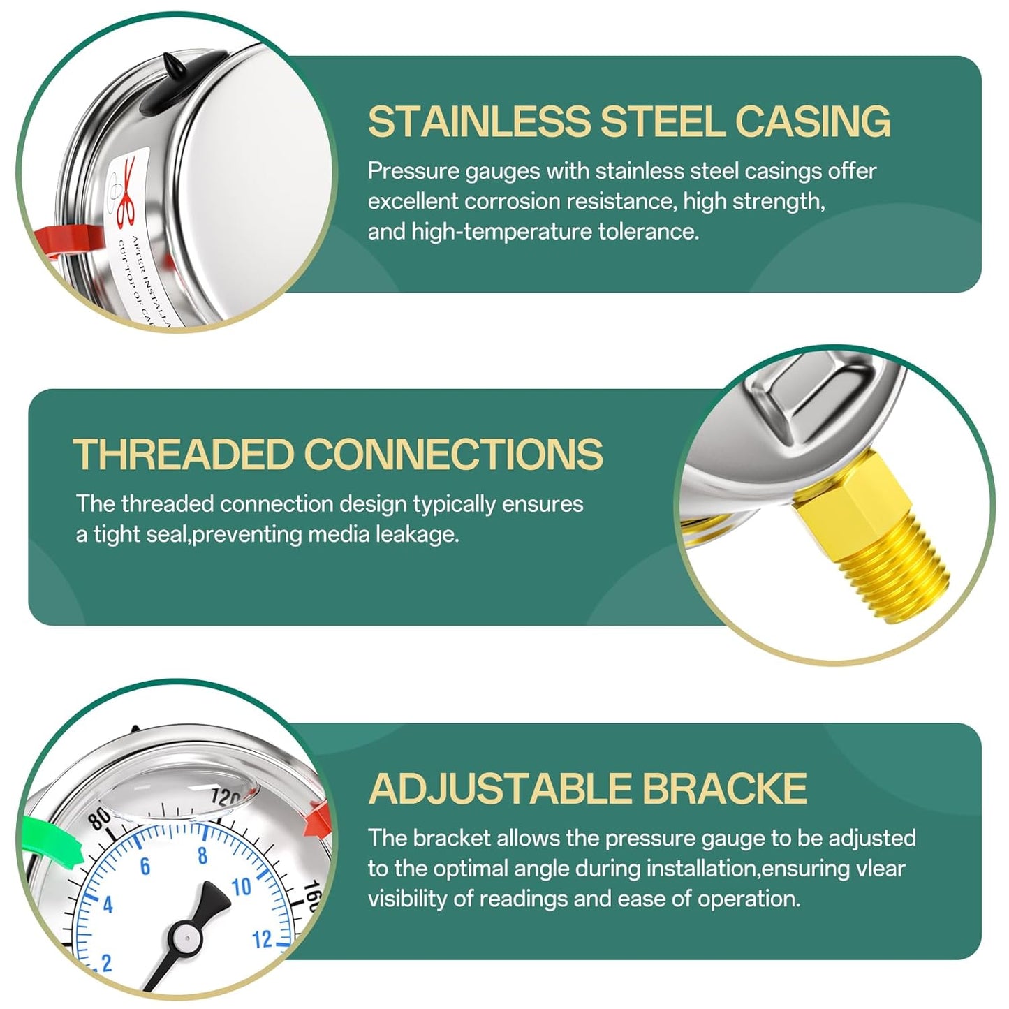0-200psi Stainless Steel 1/4" NPT 2.5" Dial, Glycerin Liquid Filled Pressure Gauge Lower Mount Designed for Pressure Testing of Water, Oil and Air (with Range Mark Pointer)