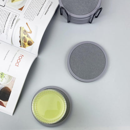 Absorbent Coasters for Drinks with Holder - 6packs, Silicone Coaster with Soft Felt Insert (4.3 inch Coasters with 4.5 inch Holder, Grey)
