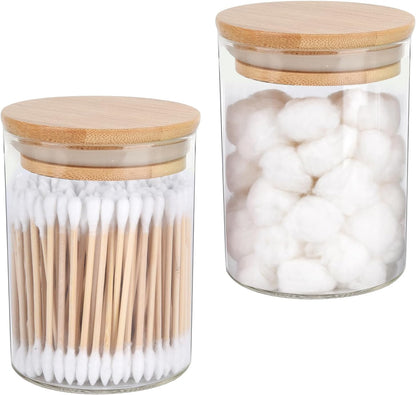 2 Pack Glass Qtip Holder Dispenser Set - Apothecary Jars with Lids for Vanity Makeup Organizer - Bathroom Canister Storage Organizer for Cotton Ball, Swab, Round Pads,Floss