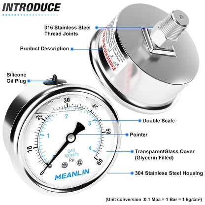 MEANLIN MEASURE 0~60Psi Liquid Filled Pressure Gauge Stainless Steel with 316 Stainless Steel Joint 1/4" NPT 2.5" FACE DIAL for Pool Filter Pump Water Oil Air Compressor Center Back Mount