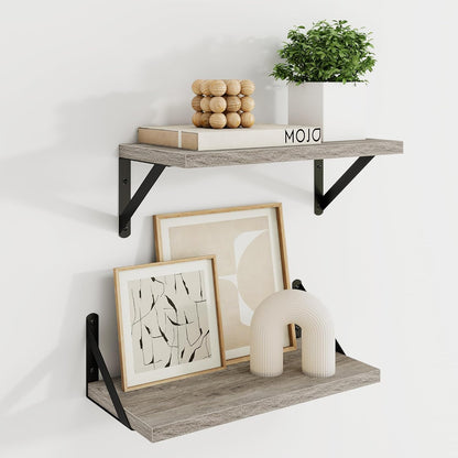Dreamland Deep Floating Shelves for Wall, 16W x 8D Wall Mounted Wide Shelves Set of 2, Grey Floating Shelves Bedroom with Sturdy Metal Brackets for Living Room, Bathroom and Kitchen