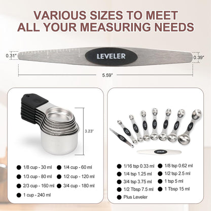 16-Piece Stainless Steel Measuring Cups and Spoons Set, Strong Magnetic Nesting Design 7 Cups 8 Spoons with Leveler, Double Measurement Markings for Dry & Liquid Ingredients, Black