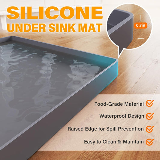 FLATO Waterproof Under Sink Mat 34" x 22" Shelf Liner for Kitchen and Bathroom, Cabinet Protector, Organizers and Storage, Flexible Silicone Drip Tray