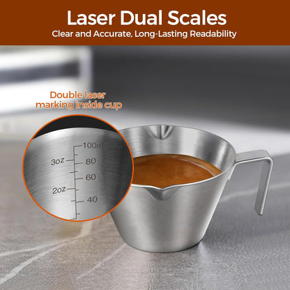 3Pcs Stainless Steel Espresso Cups, Double Spout Metal Espresso Measuring Cup with Handle, Dual Scale Espresso Pouring Cup with V-Shaped Mouth, 3.4oz/100ml (Silver)