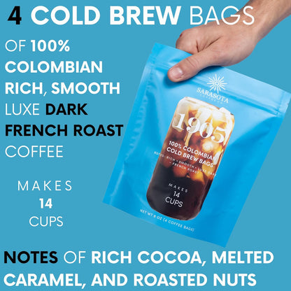 Sarasota Coffee 1905 Cold Brew Coffee Bags | 100% Colombian Dark French Roast | Rich & Smooth | Low Acid Ground Filter Packs | Cold Brew Kit Makes 14 Cups | Bold Luxe Roast Flavor