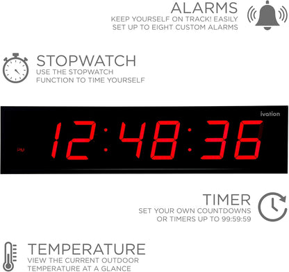 Ivation Huge Oversized 60" Large Digital LED Clock | Big Digital Clock w/Multi-Function Display – Stopwatch, Timer, Alarms, Temp & Date | 6 Brightness Levels, Time Memory & Remote (Red)