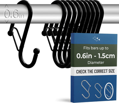 10-Pack Metal S Hooks for Hanging – Heavy-Duty S-Shaped Hook with Safety Buckle – Fits Bars up to 0.6 in – Anti-Drop Hooks for Kitchen, Pot Racks & Towel Bars – Black (Small)