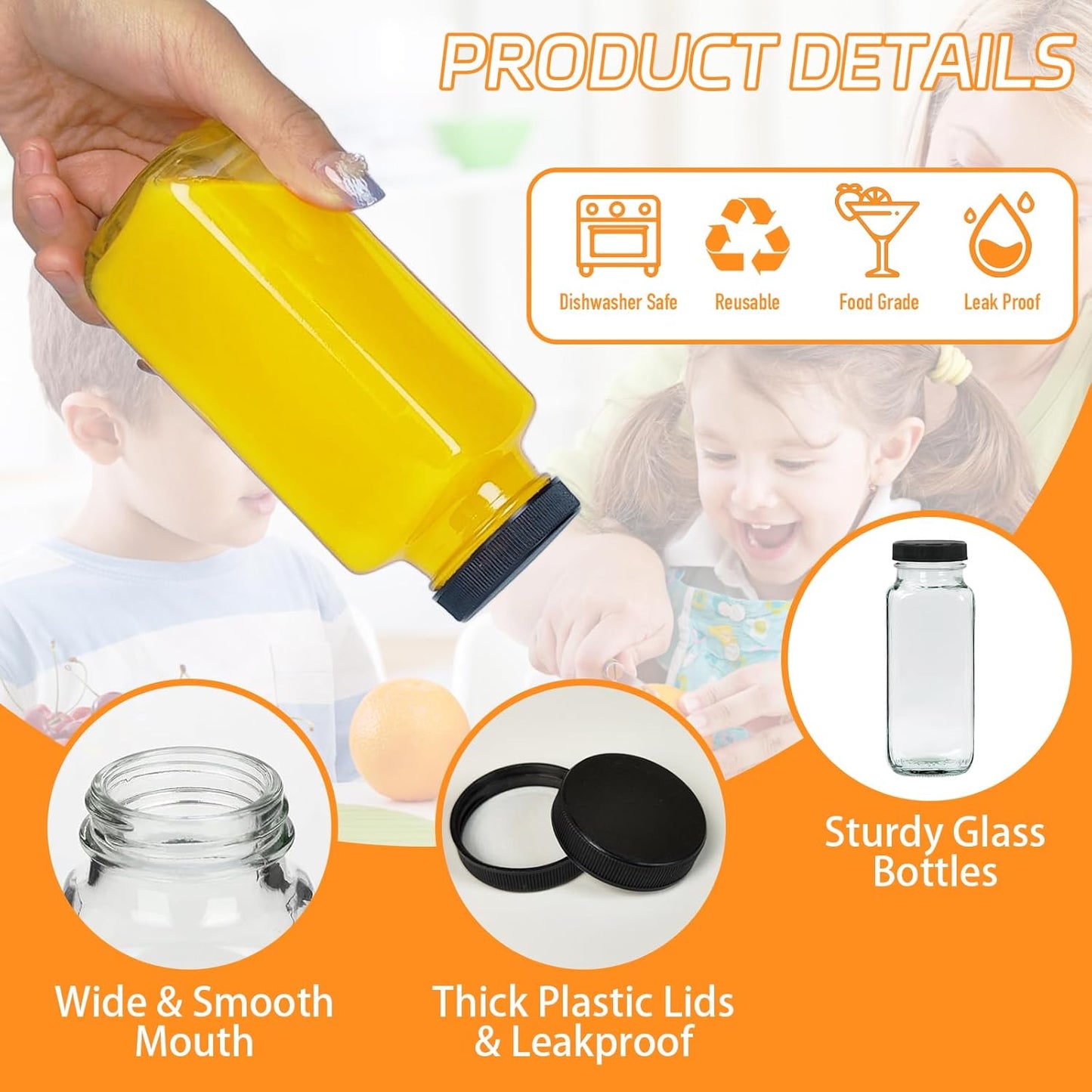 12 Pack 8oz Glass Juice Bottles with Lids, 250ml Reusable Glass Juicing Bottles, Square Drinking Jars Drink Containers with Caps for Water, Milk, Ginger, Kombucha, Beverages