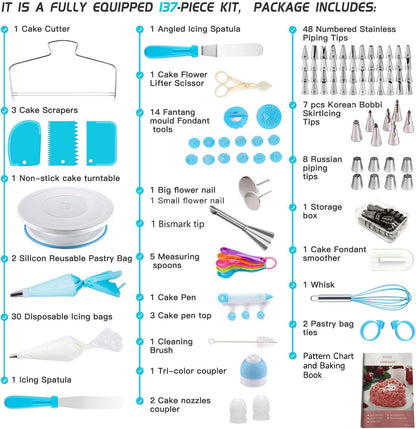 Cake Decorating Kit,137pcs Cake Decorating Supplies with Cake Turntable for Decorating,Pastry Piping Bag,Russian Piping Tips Baking Tools, Cake Baking Supplies for Beginners(Blue)