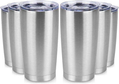 20 oz Tumbler Stainless Steel Tumblers Bulk with Lid Double Wall Insulated Coffee Tumbler Cups for Hot & Cold Drinks Powder Coated Travel Coffee Tumbler Mug Metal (Stainless Steel, 6 pack)