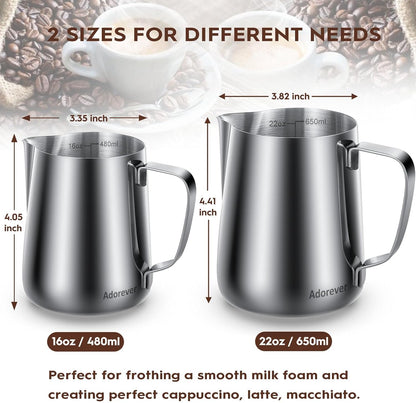 Milk Frothing Pitcher, 22oz 650ml Milk Frother Cup Stainless Steel Steaming Pitcher, Coffee Bar Cappuccino Espresso Machine Accessories Barista Tools, Metal Steamer Cup Mug Milk Jug with Latte Art Pen