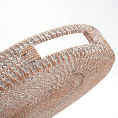 Round Rattan Serving Tray Decorative Woven Ottoman Trays with Handles for Coffee Table White (Small 11.8 inch x 2.4 inch)