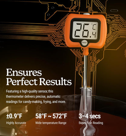 Digital Candy Thermometer with Pot Clip, 10" Long Stainless Steel Probe, Instant Read Kitchen Thermometer for Cooking, Baking, and Candy Making