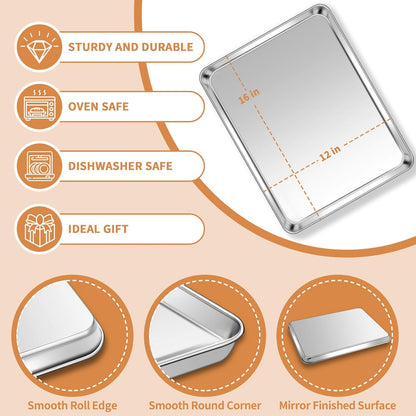 Stainless Steel Baking Sheet Set of 2, Deedro Cookie Sheet Metal Baking Pan Oven Tray, Non Toxic & Heavy Duty, Rust Free & Mirror Finish, Easy Clean & Dishwasher Safe, 16 x 12 x 1 Inch