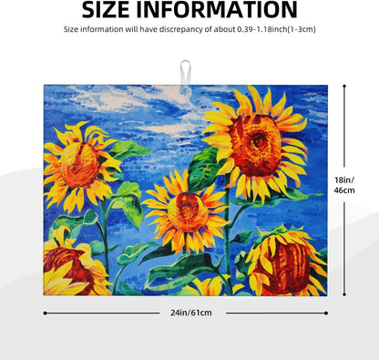 Sunflowers Large Dish Drying Mats For Kitchen Counter, Watercolor Yellow Flower Microfiber Kitchen Drying Mat Draining Pad Absorbent Dish Mat 18"x24" (Sunflowers Under The Blue Sky)