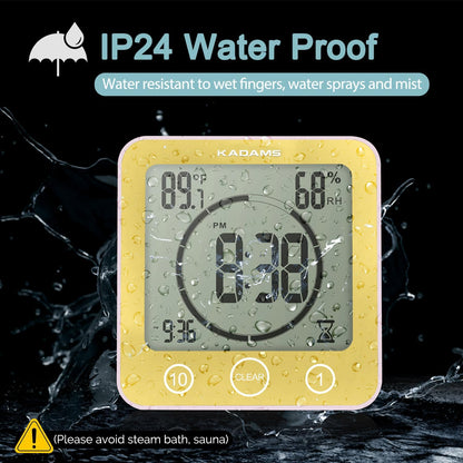 KADAMS Shower Clock Waterproof Bathroom Timer – Digital Wall Clock with Countdown, Magnetic Kitchen Clock with Temperature & Humidity, Suction Cup for Kids Shower Spa Sauna Cook Bath (Yellow)