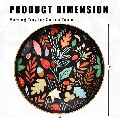 Round Serving Tray with Handles, Coffee Table Tray for Ottoman, Organizer Vanity Tray for Living Room, Outdoor Tray for Patio Entertaining, Serving Breakfast Kitchen Platter LEE33BH