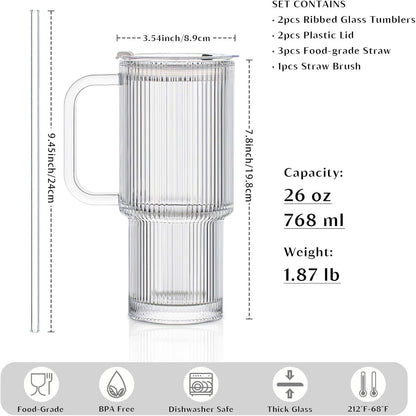 INSETLAN 26oz Ribbed Glass Tumbler with Handle & Lid – 2-Pack Large Iced Coffee Cups with Straws, Modern Glass Mug for Cold & Hot Beverages, Aesthetic Travel Cup for Smoothies, Tea, and Juice
