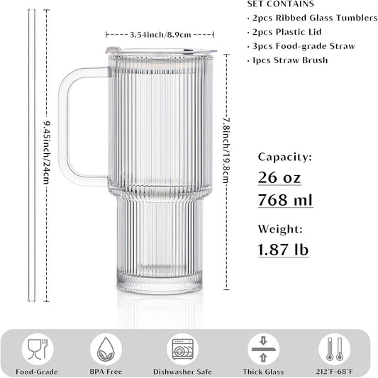 INSETLAN 26oz Ribbed Glass Tumbler with Handle & Lid – 2-Pack Large Iced Coffee Cups with Straws, Modern Glass Mug for Cold & Hot Beverages, Aesthetic Travel Cup for Smoothies, Tea, and Juice