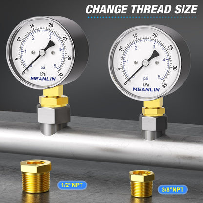 MEANLIN MEASURE 0-5Psi Diaphragm Type Capsule Low-Pressure Gauge, Water Column Gauge, 2.6" Dial, 1/4" NPT, Rear Adjustable Knob, with 1/2" NPT and 3/8" NPT Hex Bushing, Lower Mount