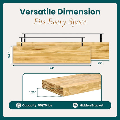 36'' Pine Wood Floating Shelves for Wall- Set of 2 - Rustic Wall Mounted Wooden Shelf for Stylish Home Décor (Natural, 36x6.5x1.25) - 2pcs