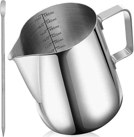 Milk Frother Pitcher 20 OZ，Espresso Milk Frothing Pitcher, Milk Steamer Cup Steaming Pitcher, Stainless Steel Coffee Froth Cup with Latte Art Pen for Coffee Cappuccino (Silver)