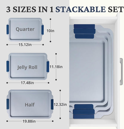 BRONYPRO Non Stick Ceramic Baking Sheet Pan Set of 3, Natural Non Toxic Cookie Sheets for Baking - PFOA, PTFE Free, Heavy Duty Aluminized Steel Oven Trays for Cooking with Silicone Handles, Navy