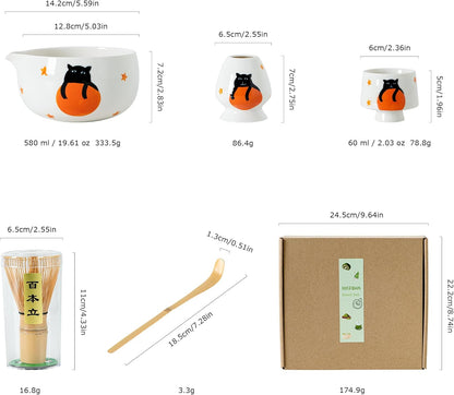 Matcha Set -Cute Cat Matcha Bowl Set with Whisk, Scoop, Whisk Holder & 2 Cups | 6 Pcs Authentic Matcha Tea Ceremony Kit | Great Gift for Tea Lovers