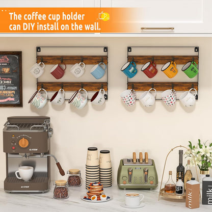 Mug Racks for Wall, Coffee Mug Holder Wall Mount Up to Hold 24 Mugs, Coffee Mug Rack Wall Mounted（3Pack） for Kitchen, Home, Coffee Bar, Rustic Wood and Iron