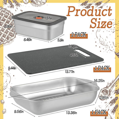 4 Pcs Grill Prep Trays Set Stainless Steel Grilling Prep And Serve Trays 2 Marinade Container with Lids and Cutting Board for Vegetables, Fish, Plating Food & BBQ Prep Tub